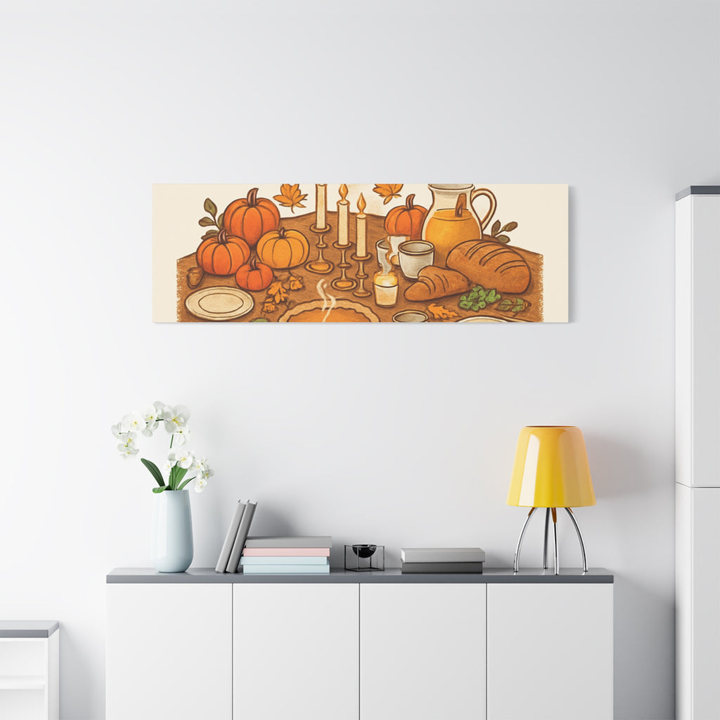 Thankful Gathering Canvas Wall Art — Friends, Family Thanksgiving Table Illustration