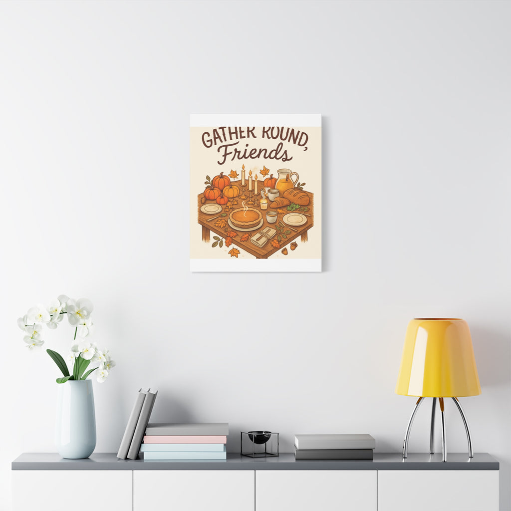 Thankful Gathering Canvas Wall Art — Friends, Family Thanksgiving Table Illustration