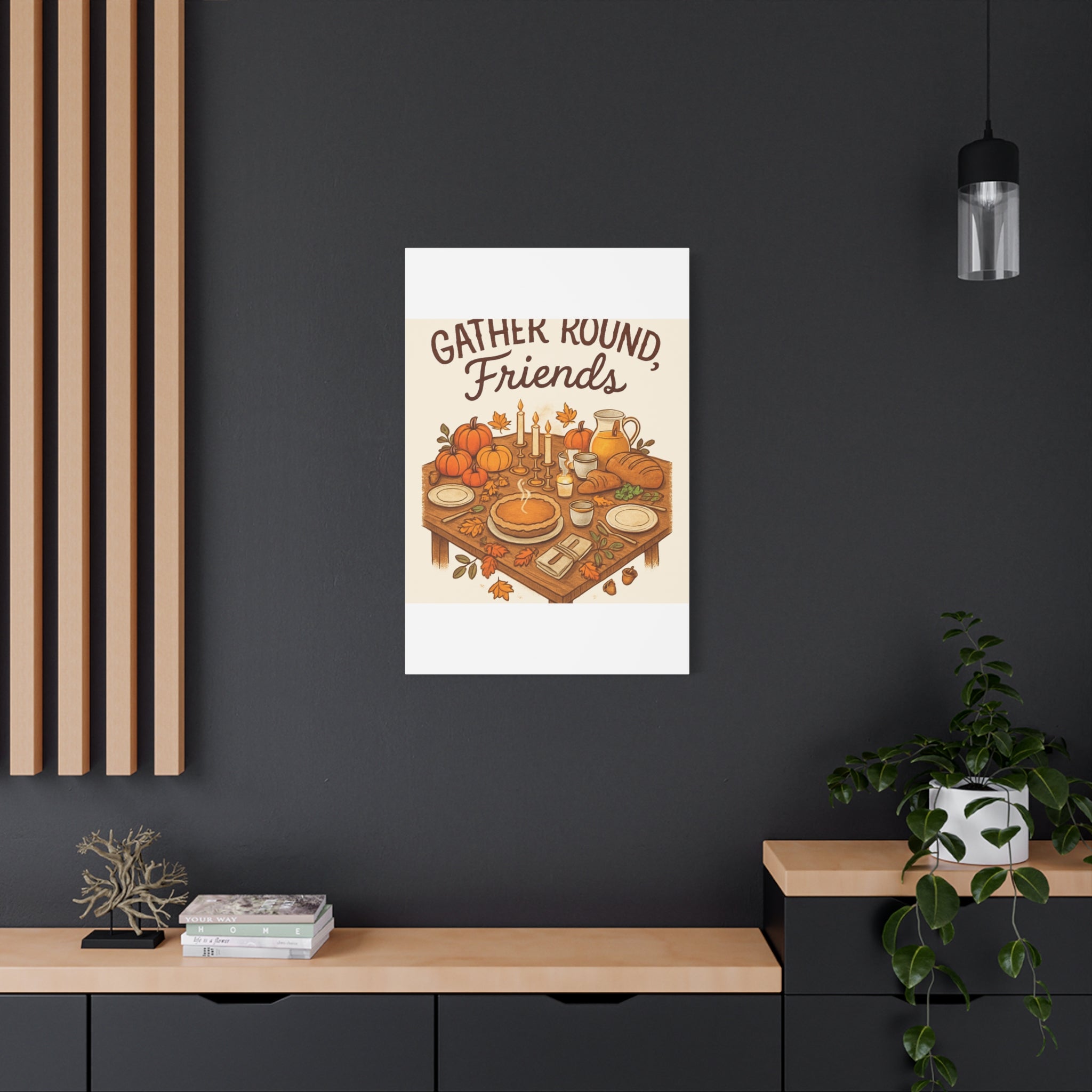 Thankful Gathering Canvas Wall Art — Friends, Family Thanksgiving Table Illustration