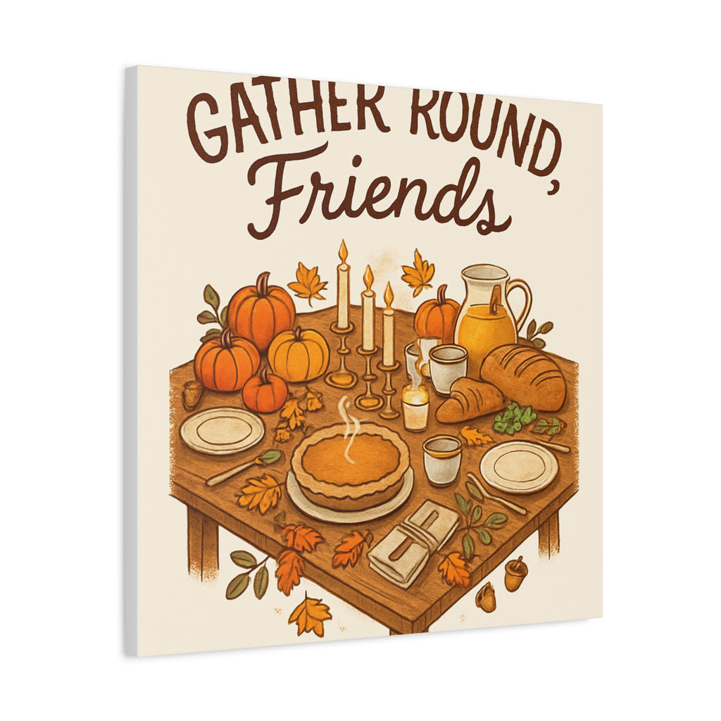 Thankful Gathering Canvas Wall Art — Friends, Family Thanksgiving Table Illustration