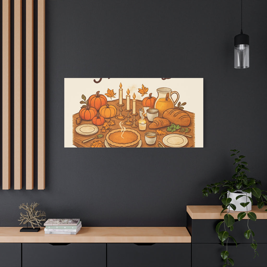 Thankful Gathering Canvas Wall Art — Friends, Family Thanksgiving Table Illustration