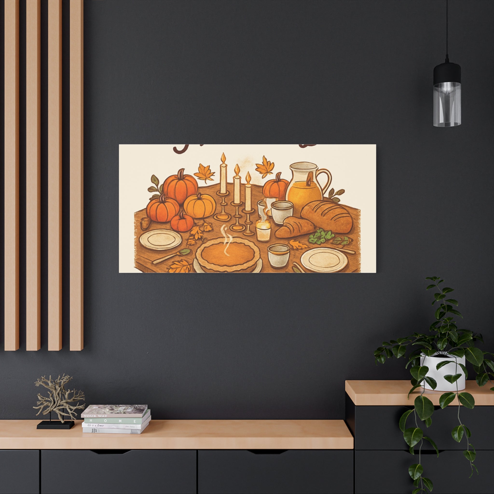 Thankful Gathering Canvas Wall Art — Friends, Family Thanksgiving Table Illustration