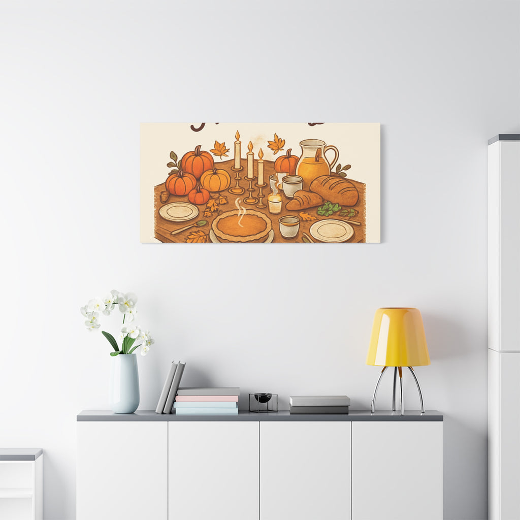 Thankful Gathering Canvas Wall Art — Friends, Family Thanksgiving Table Illustration