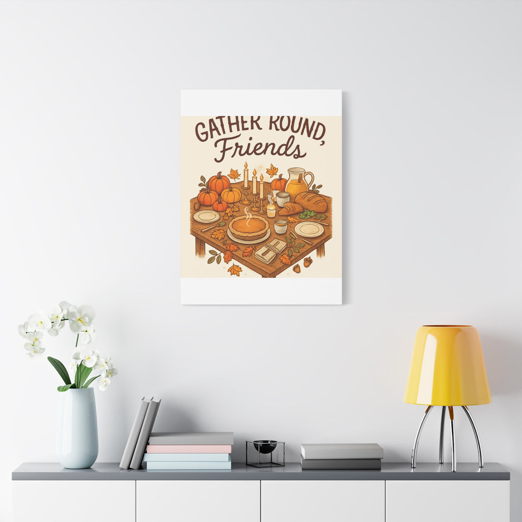 Thankful Gathering Canvas Wall Art — Friends, Family Thanksgiving Table Illustration