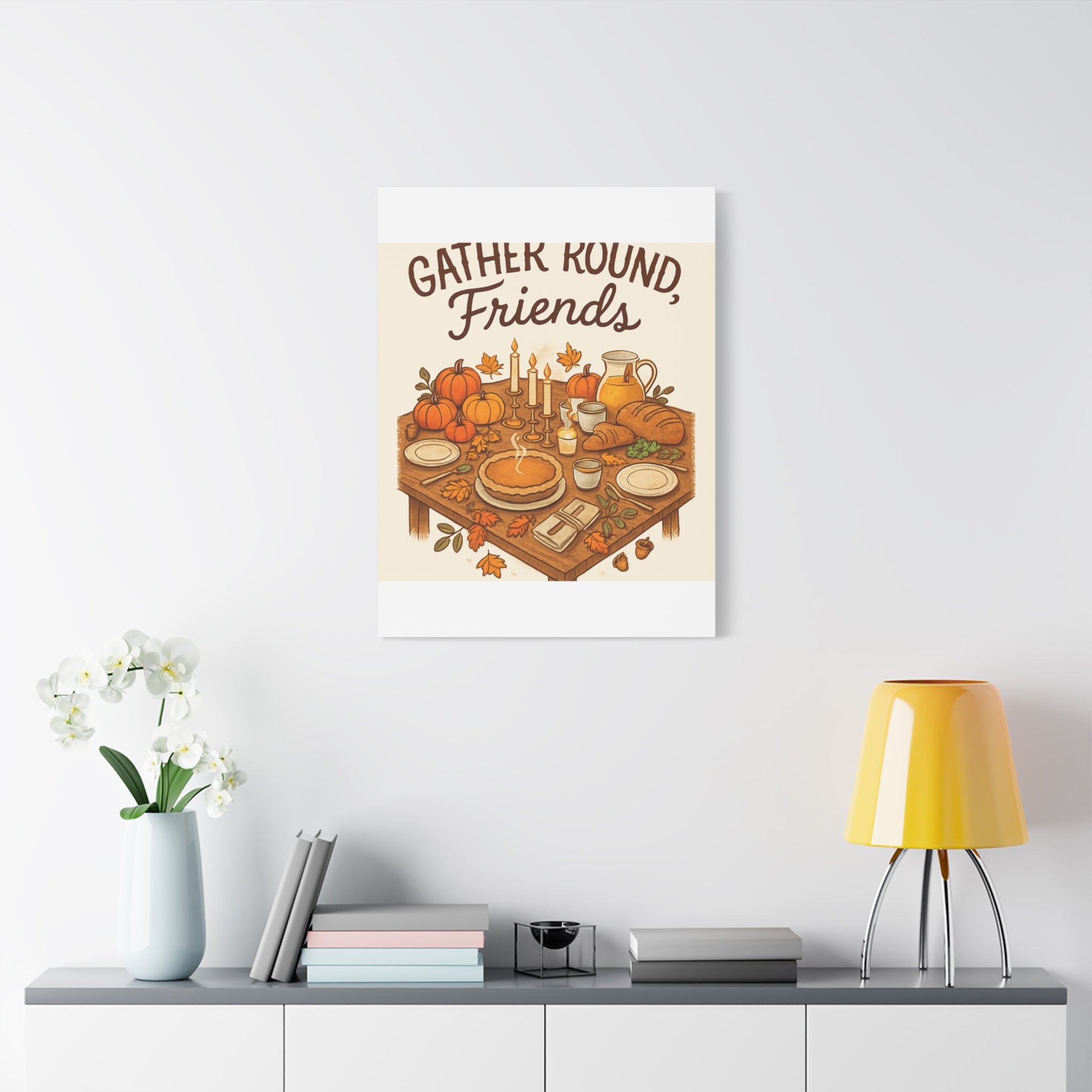 Thankful Gathering Canvas Wall Art — Friends, Family Thanksgiving Table Illustration
