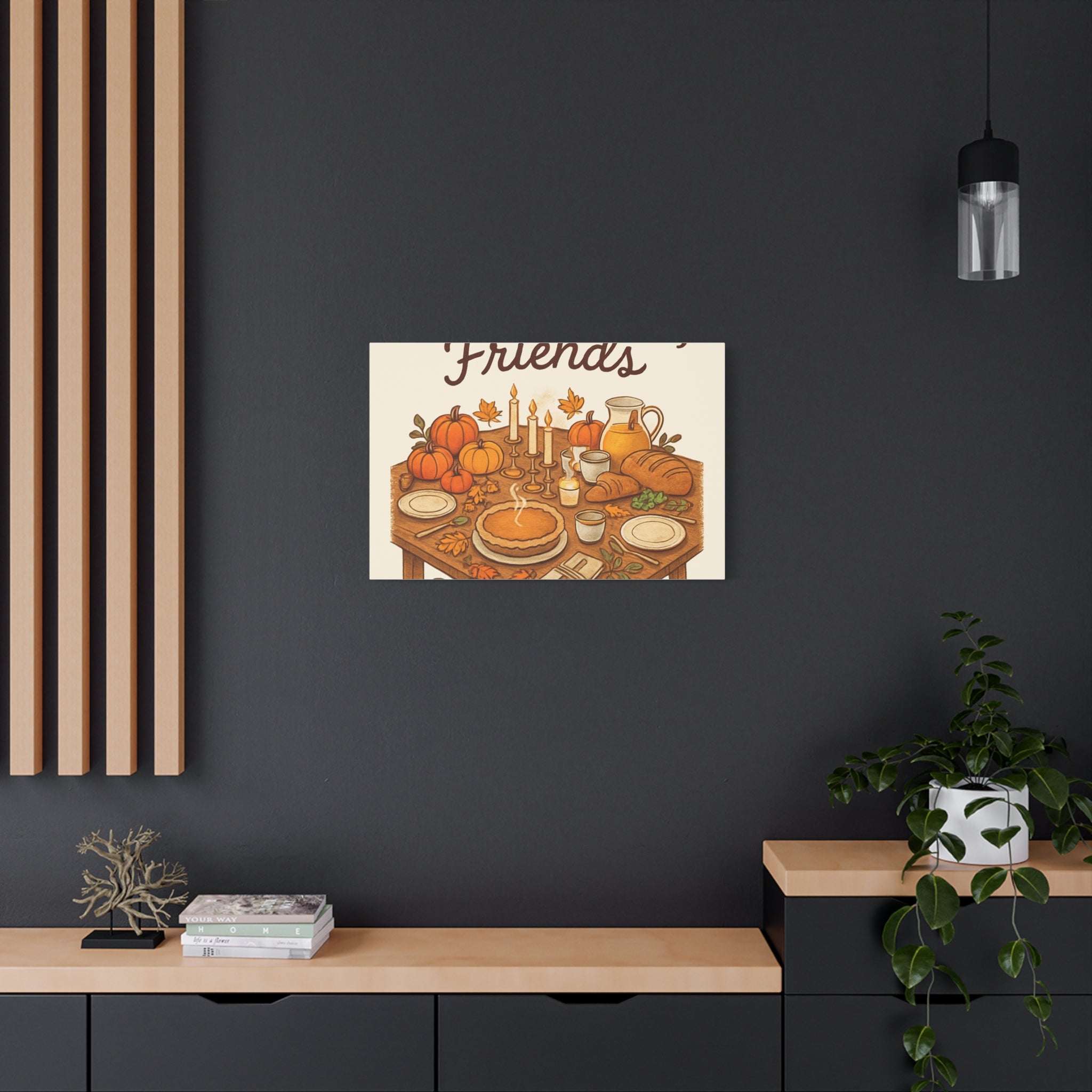 Thankful Gathering Canvas Wall Art — Friends, Family Thanksgiving Table Illustration