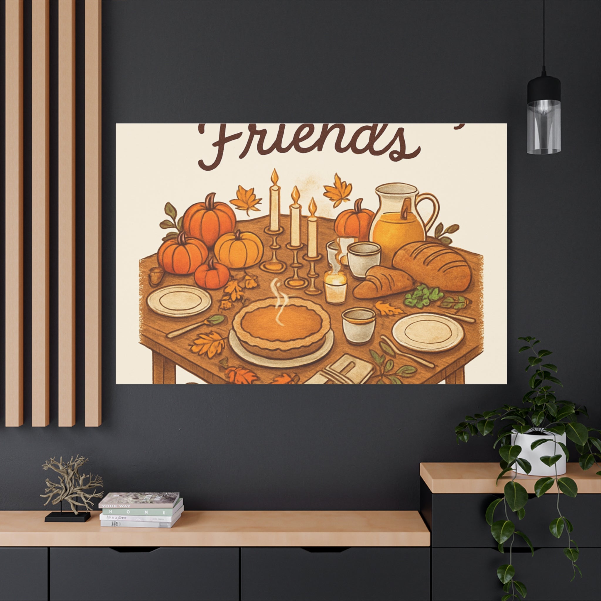 Thankful Gathering Canvas Wall Art — Friends, Family Thanksgiving Table Illustration