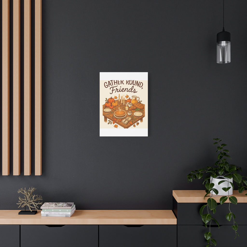 Thankful Gathering Canvas Wall Art — Friends, Family Thanksgiving Table Illustration