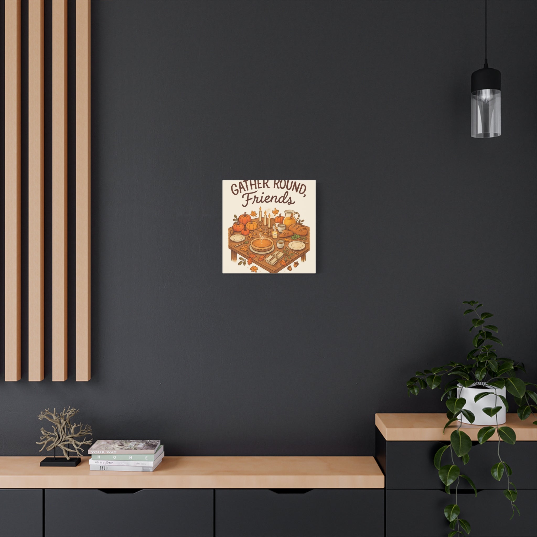 Thankful Gathering Canvas Wall Art — Friends, Family Thanksgiving Table Illustration