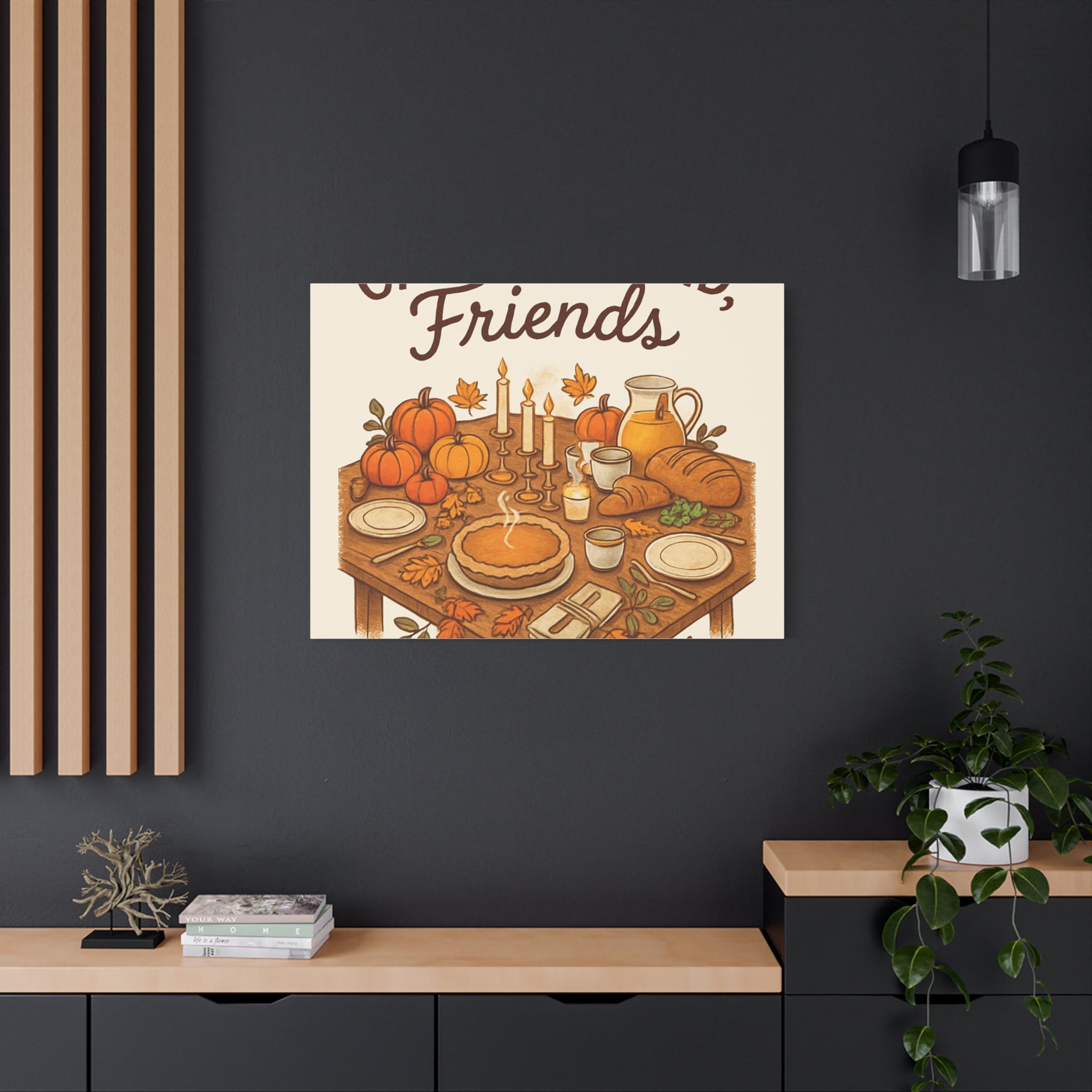 Thankful Gathering Canvas Wall Art — Friends, Family Thanksgiving Table Illustration