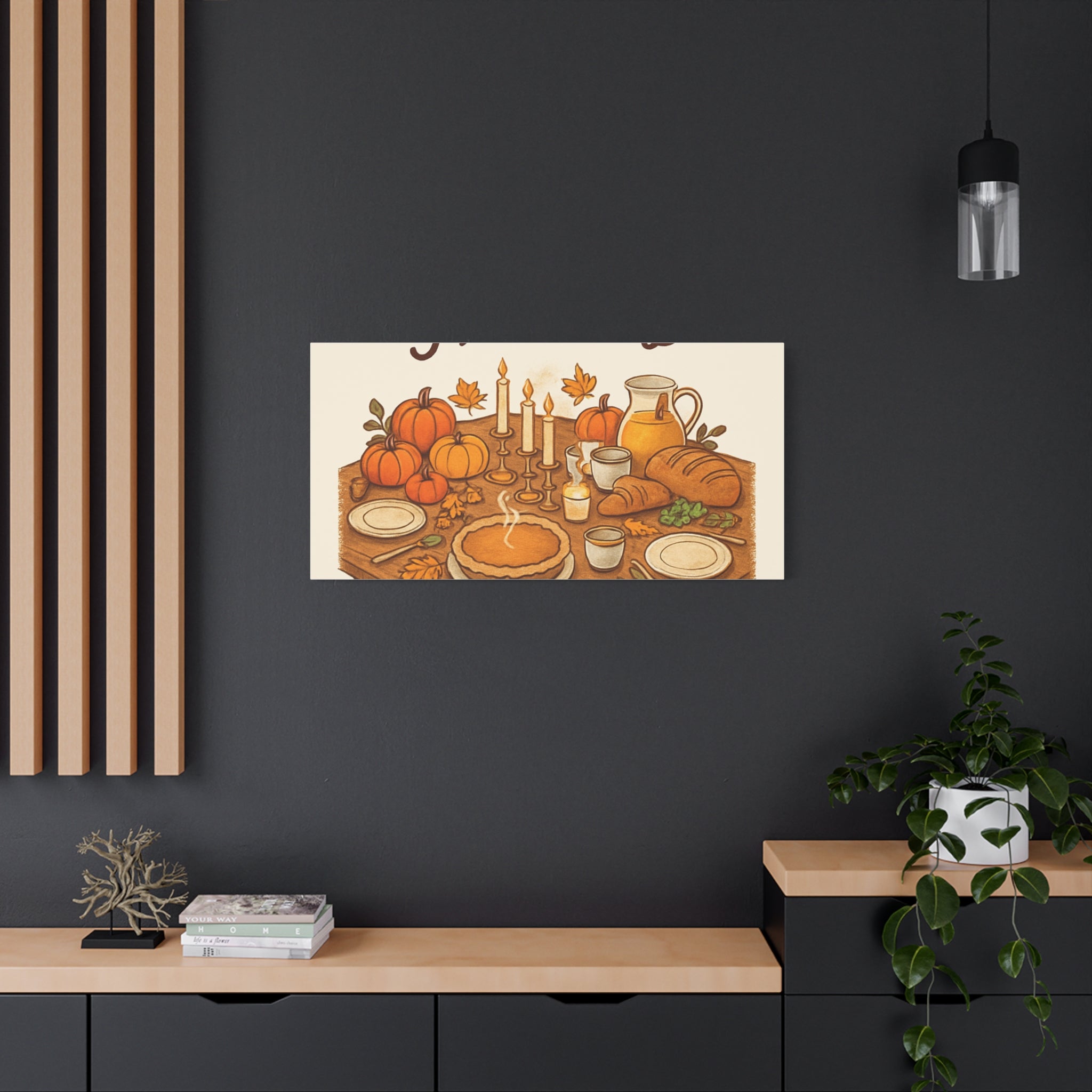Thankful Gathering Canvas Wall Art — Friends, Family Thanksgiving Table Illustration