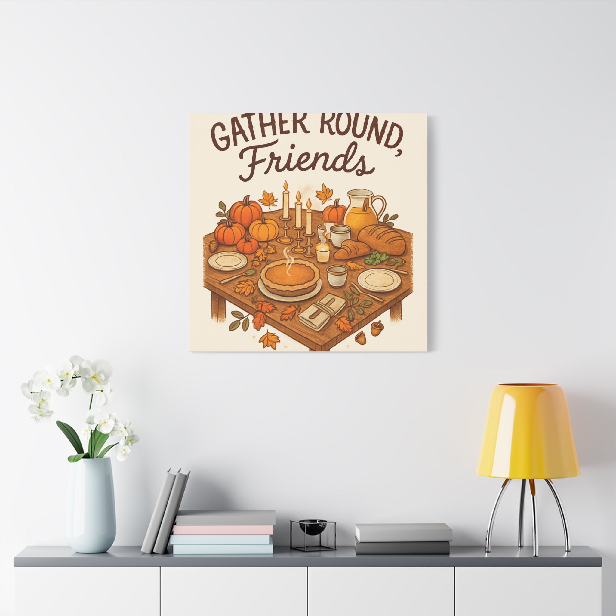 Thankful Gathering Canvas Wall Art — Friends, Family Thanksgiving Table Illustration
