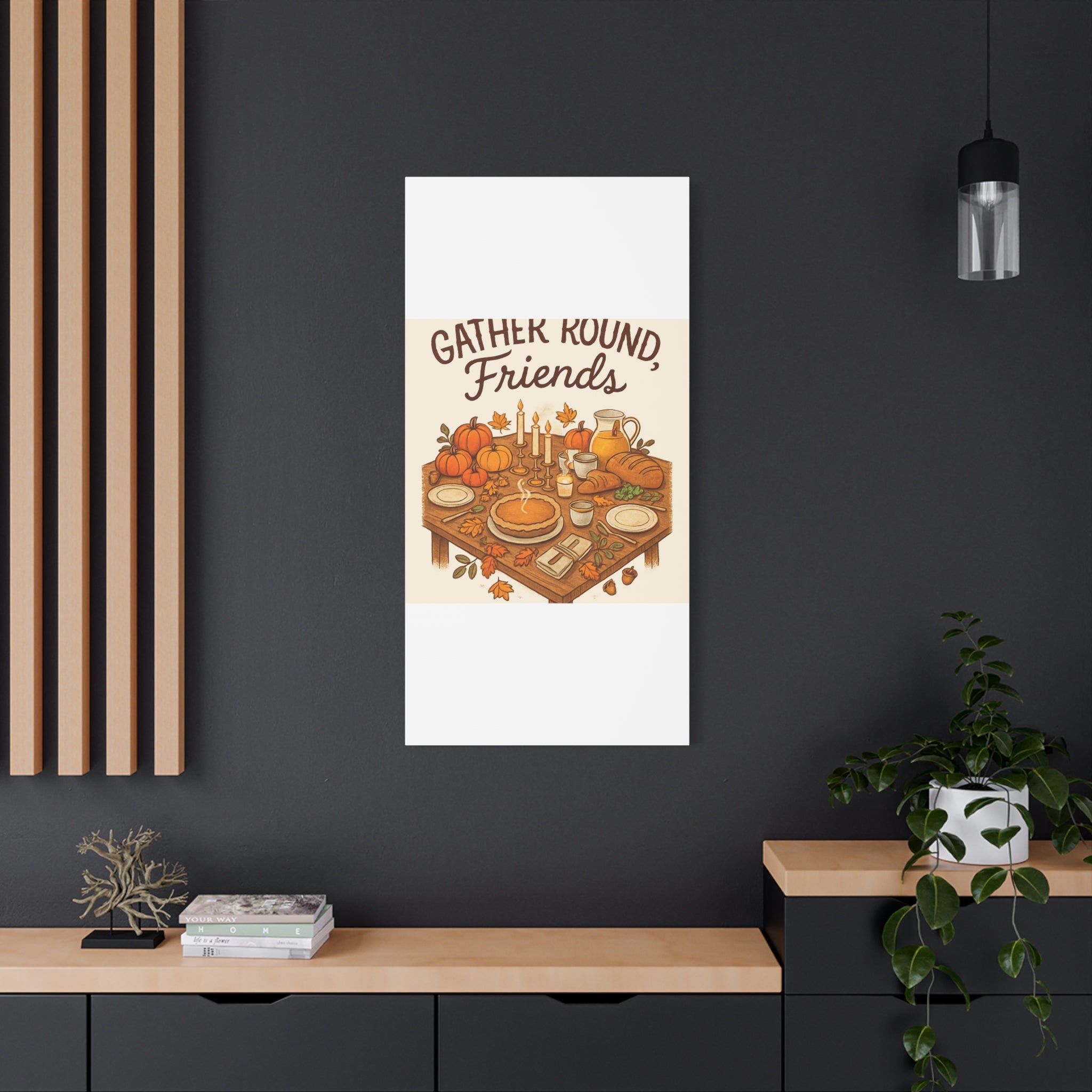 Thankful Gathering Canvas Wall Art — Friends, Family Thanksgiving Table Illustration