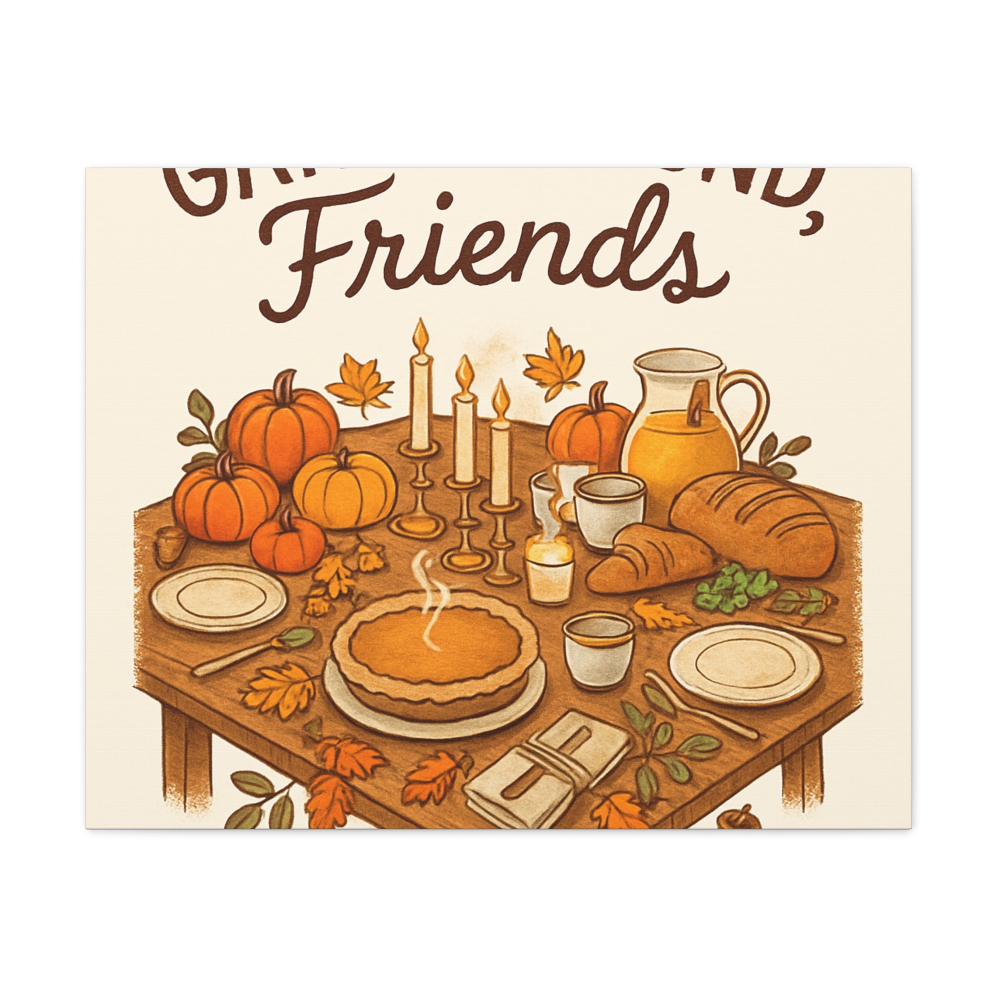 Thankful Gathering Canvas Wall Art — Friends, Family Thanksgiving Table Illustration
