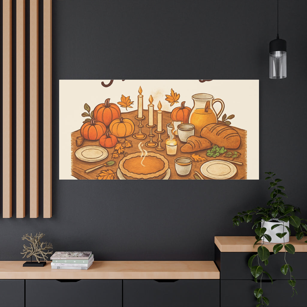 Thankful Gathering Canvas Wall Art — Friends, Family Thanksgiving Table Illustration