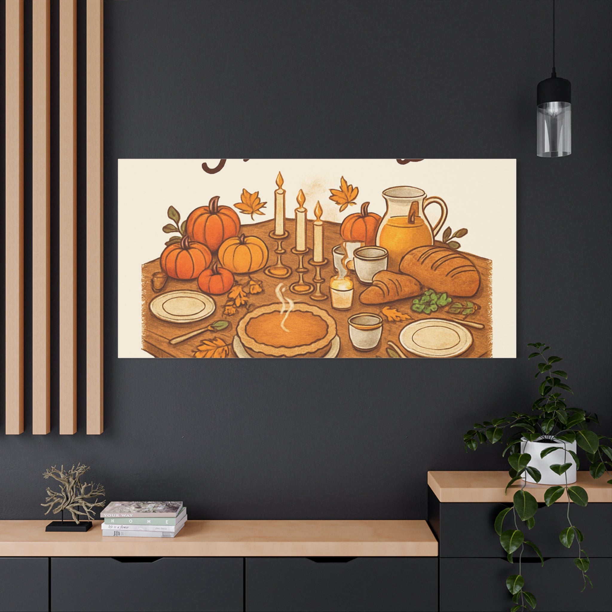 Thankful Gathering Canvas Wall Art — Friends, Family Thanksgiving Table Illustration