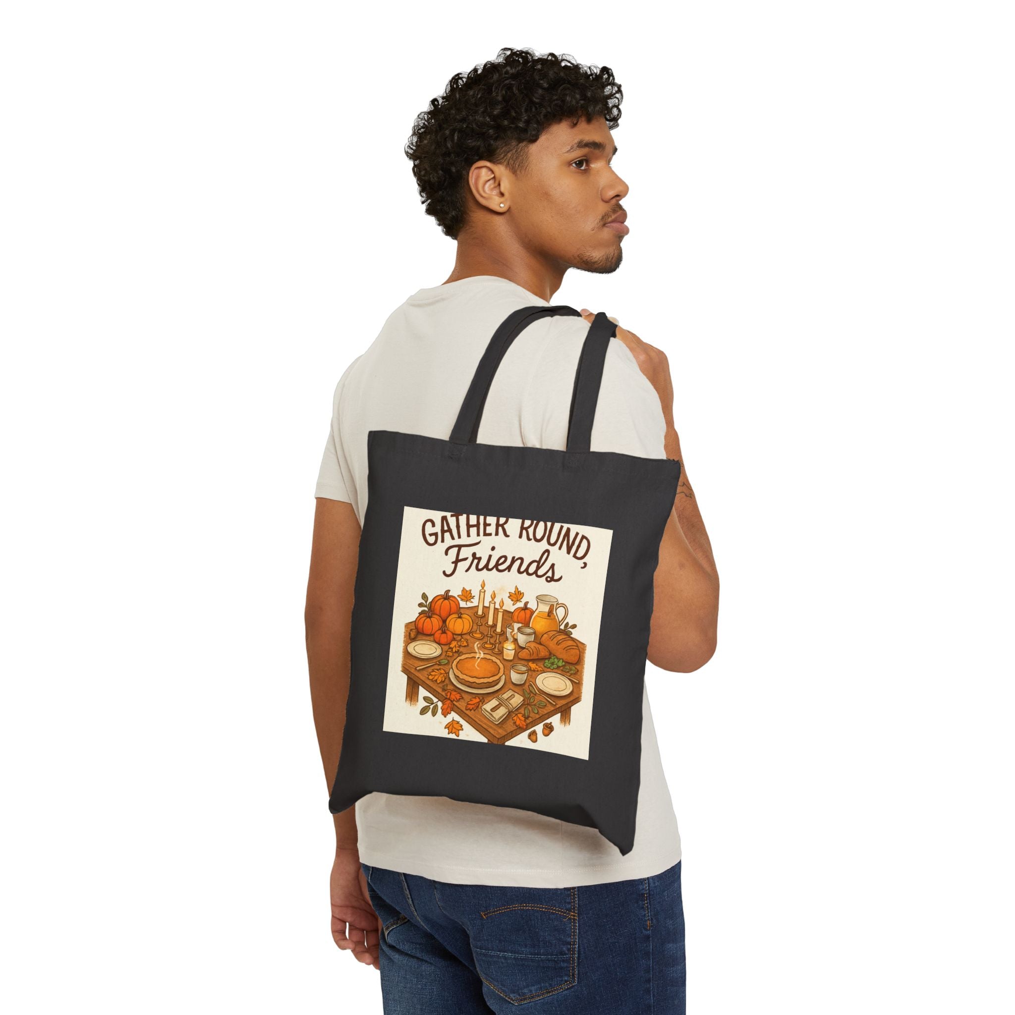 Tote Bag — "Gather Round Friends" Autumn Harvest Canvas Tote, Thanksgiving Picnic Market Bag