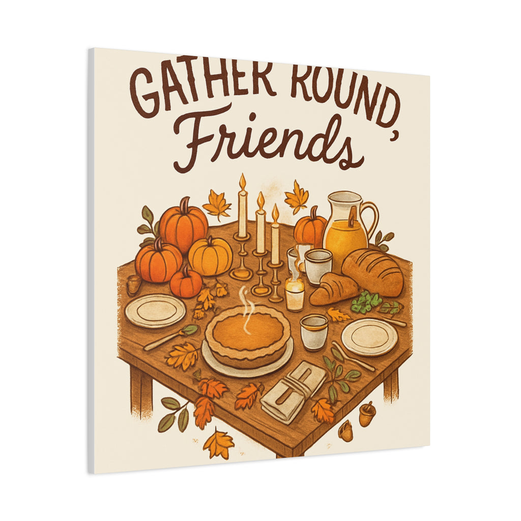 Thankful Gathering Canvas Wall Art — Friends, Family Thanksgiving Table Illustration