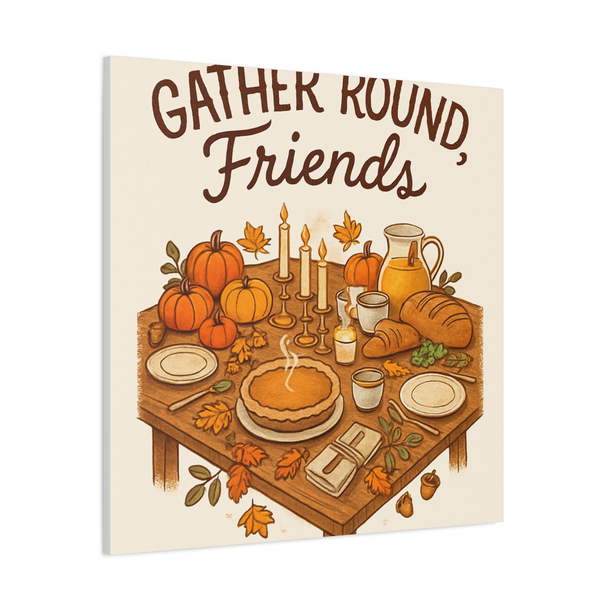 Thankful Gathering Canvas Wall Art — Friends, Family Thanksgiving Table Illustration
