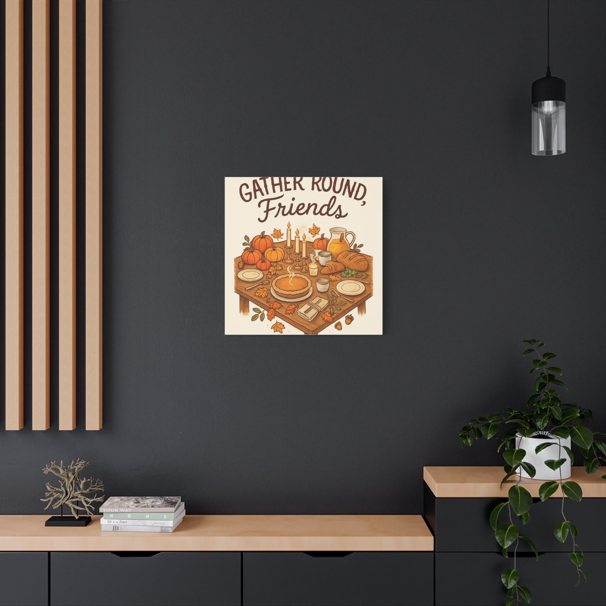 Thankful Gathering Canvas Wall Art — Friends, Family Thanksgiving Table Illustration