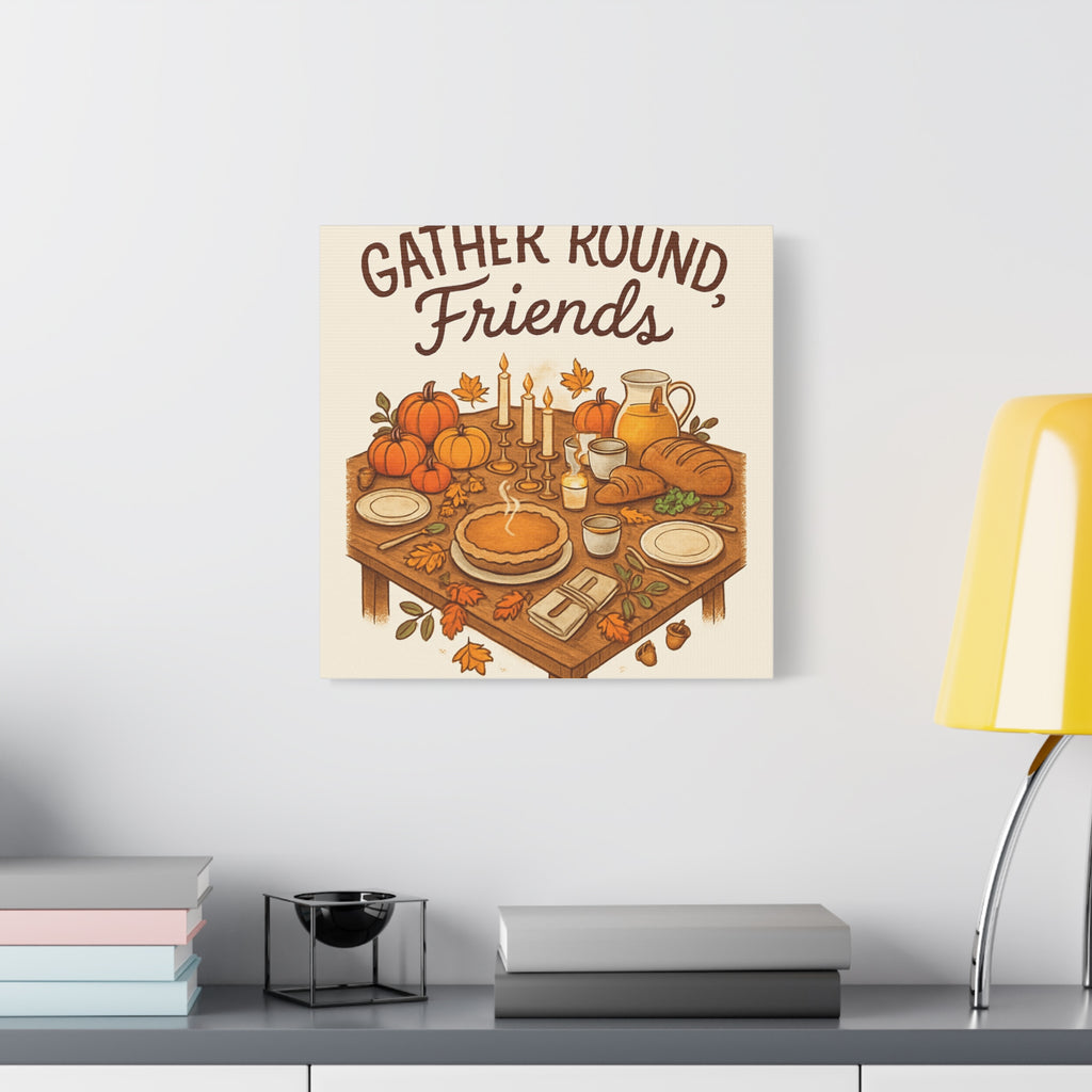Thankful Gathering Canvas Wall Art — Friends, Family Thanksgiving Table Illustration