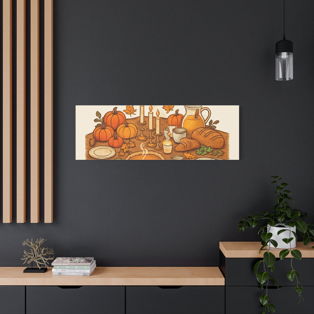 Thankful Gathering Canvas Wall Art — Friends, Family Thanksgiving Table Illustration