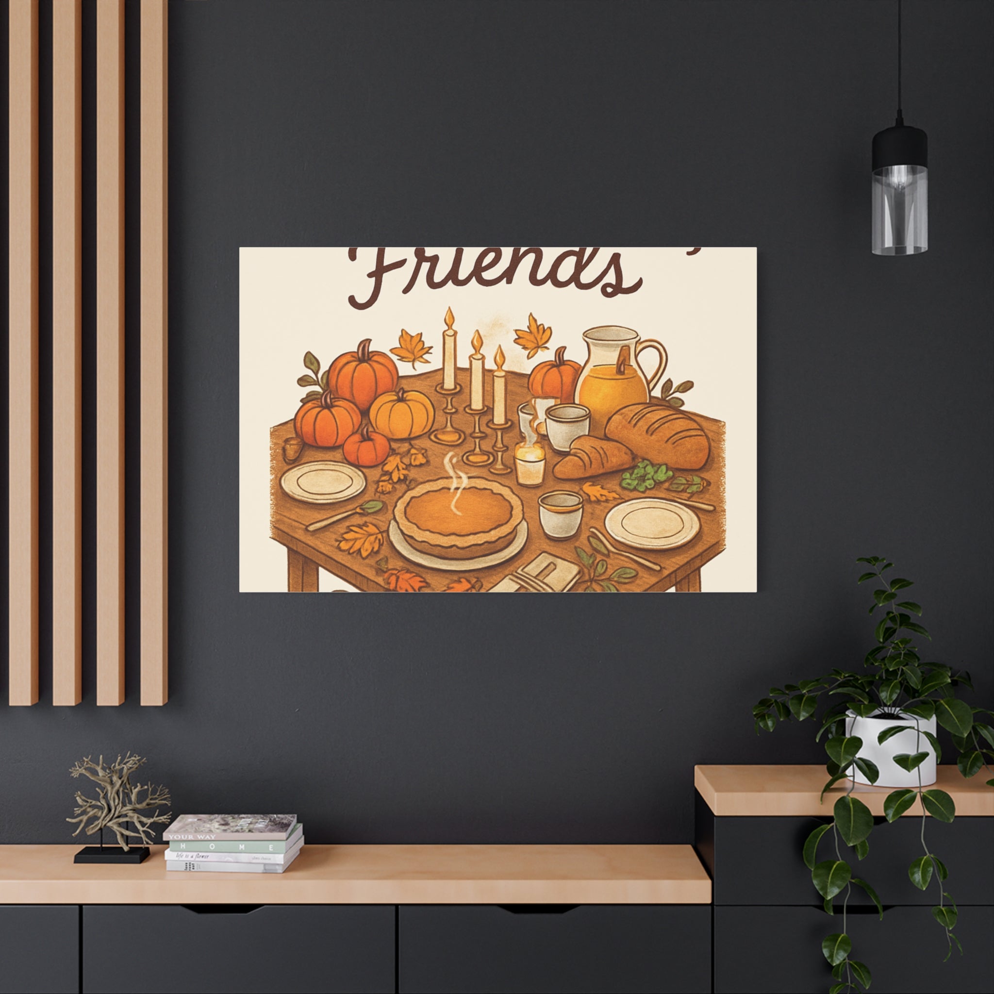 Thankful Gathering Canvas Wall Art — Friends, Family Thanksgiving Table Illustration