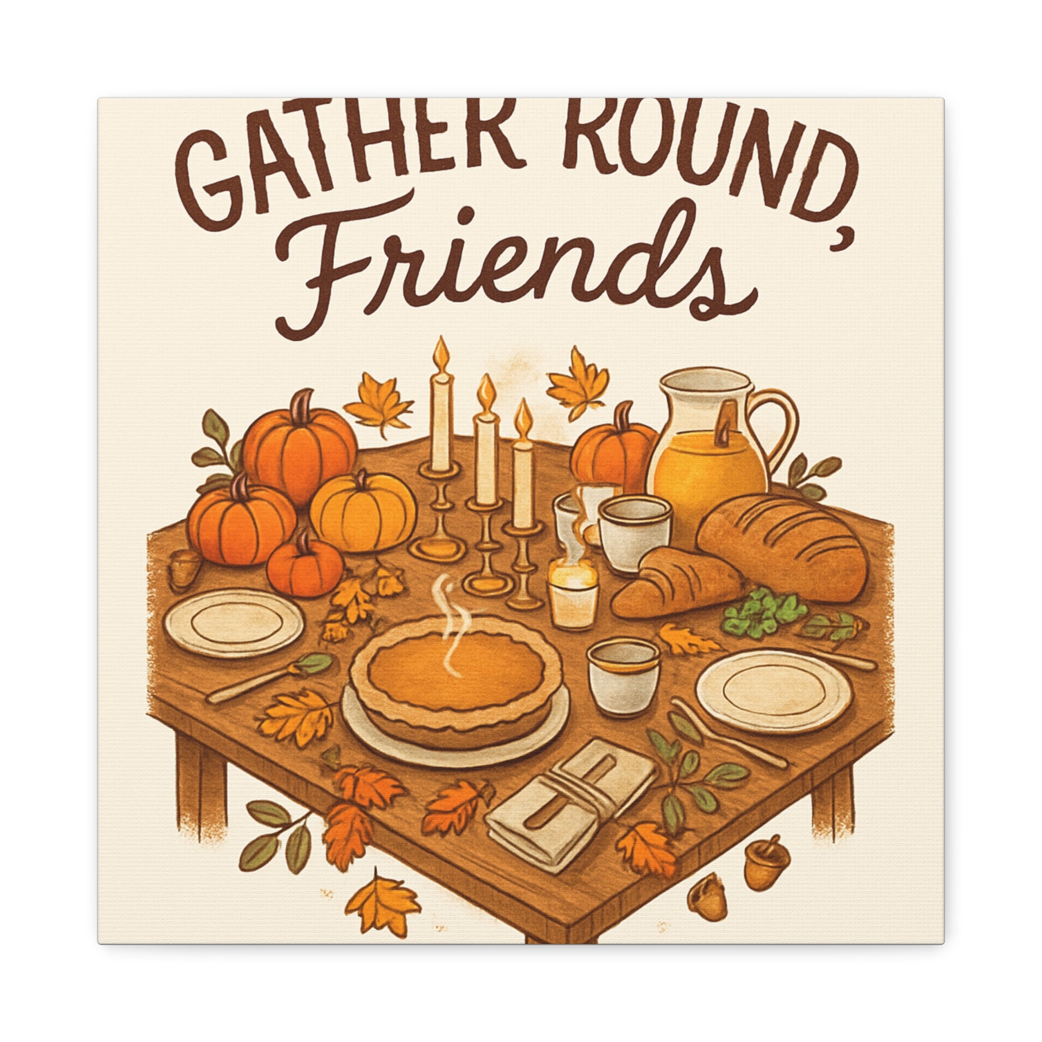 Thankful Gathering Canvas Wall Art — Friends, Family Thanksgiving Table Illustration