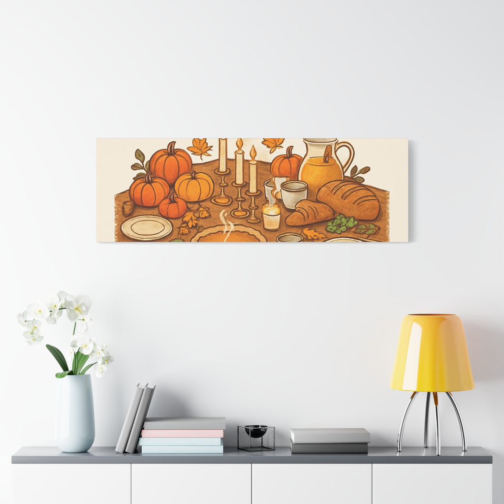 Thankful Gathering Canvas Wall Art — Friends, Family Thanksgiving Table Illustration
