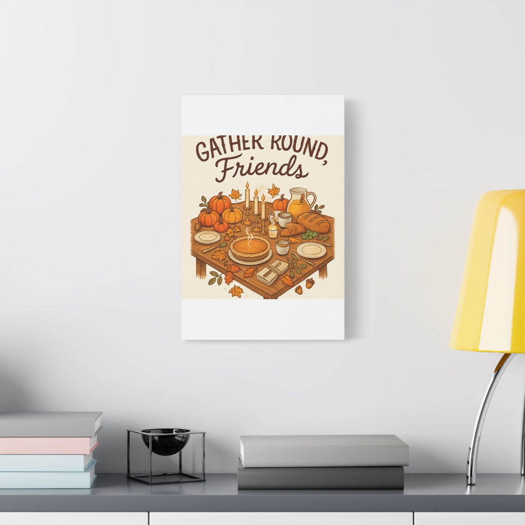 Thankful Gathering Canvas Wall Art — Friends, Family Thanksgiving Table Illustration