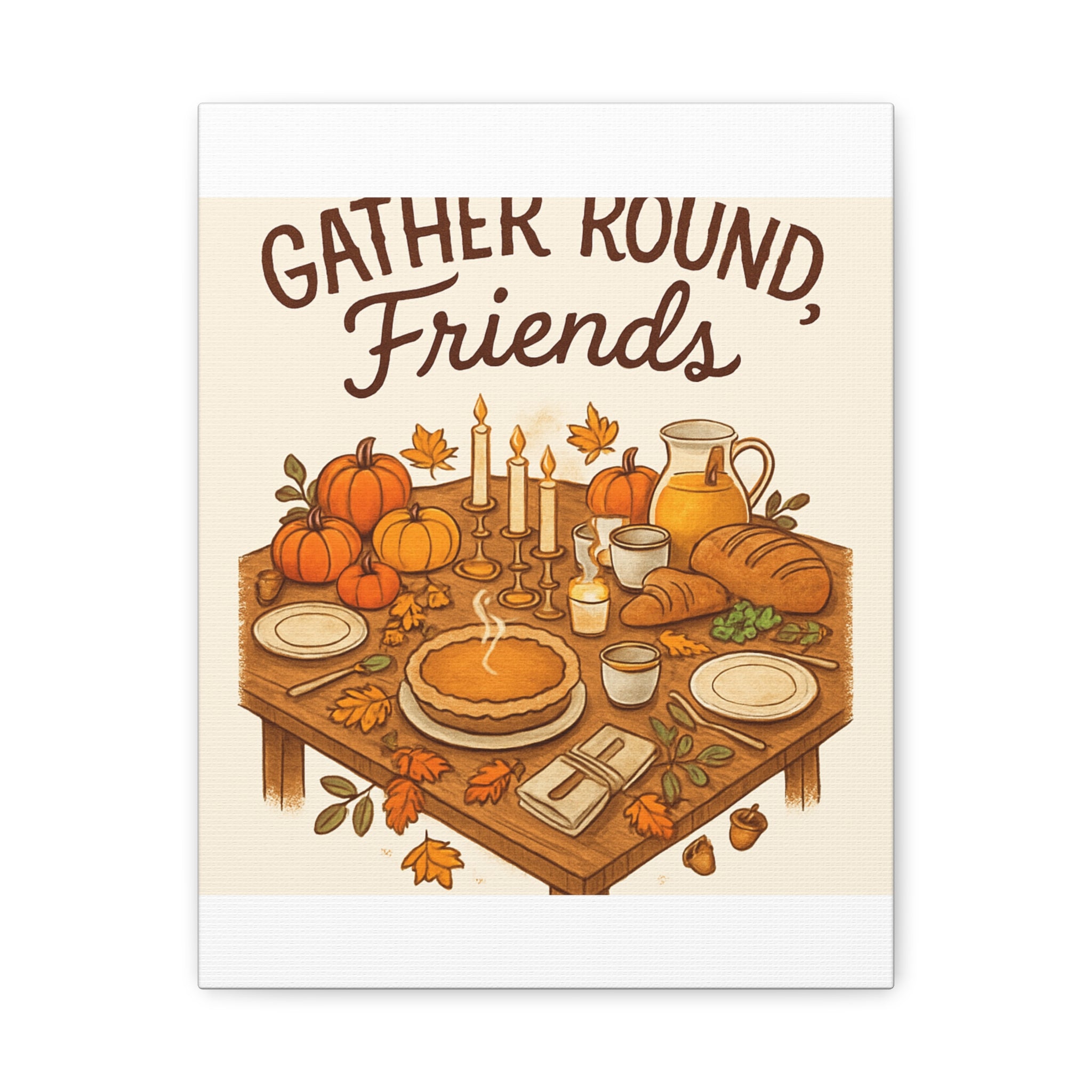 Thankful Gathering Canvas Wall Art — Friends, Family Thanksgiving Table Illustration