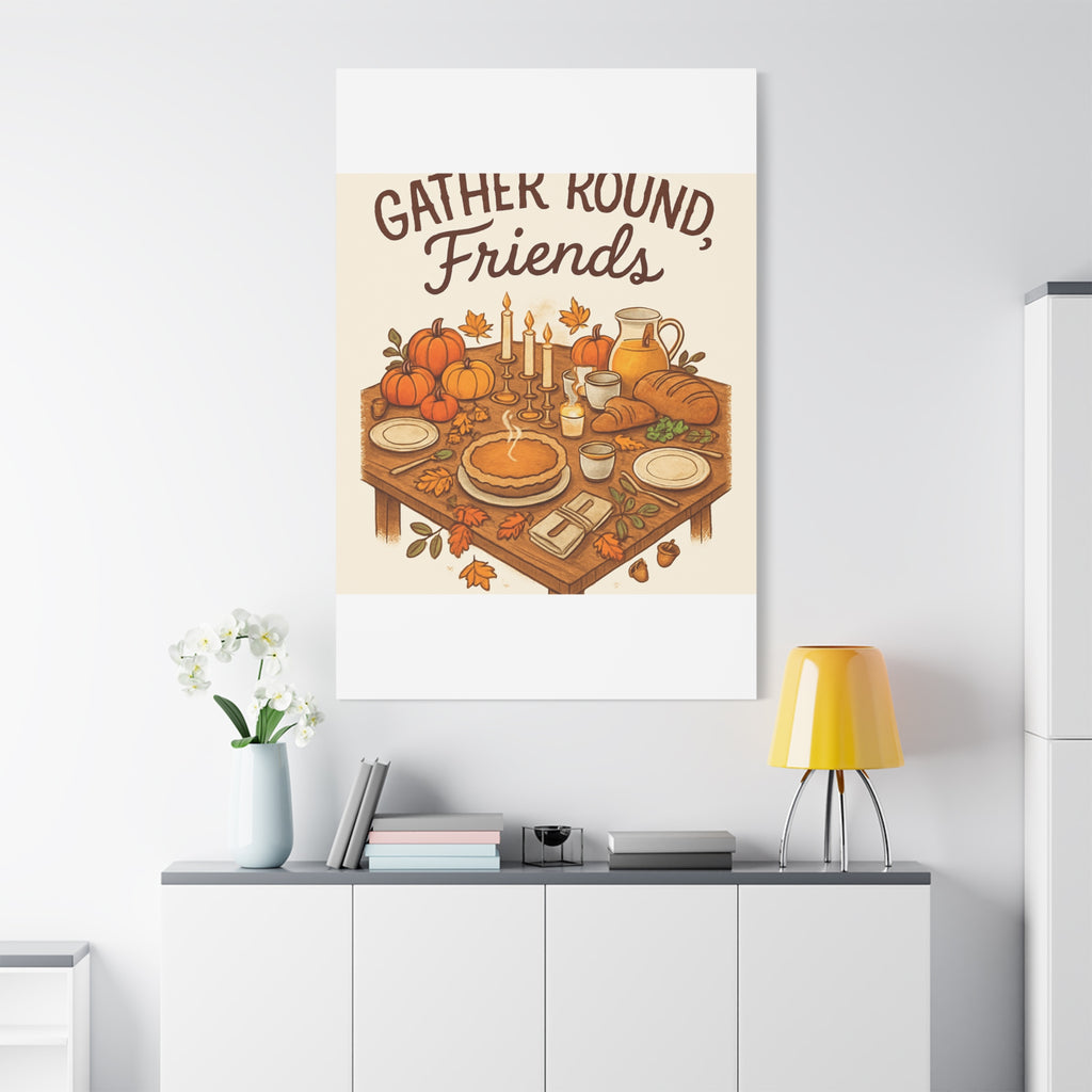Thankful Gathering Canvas Wall Art — Friends, Family Thanksgiving Table Illustration