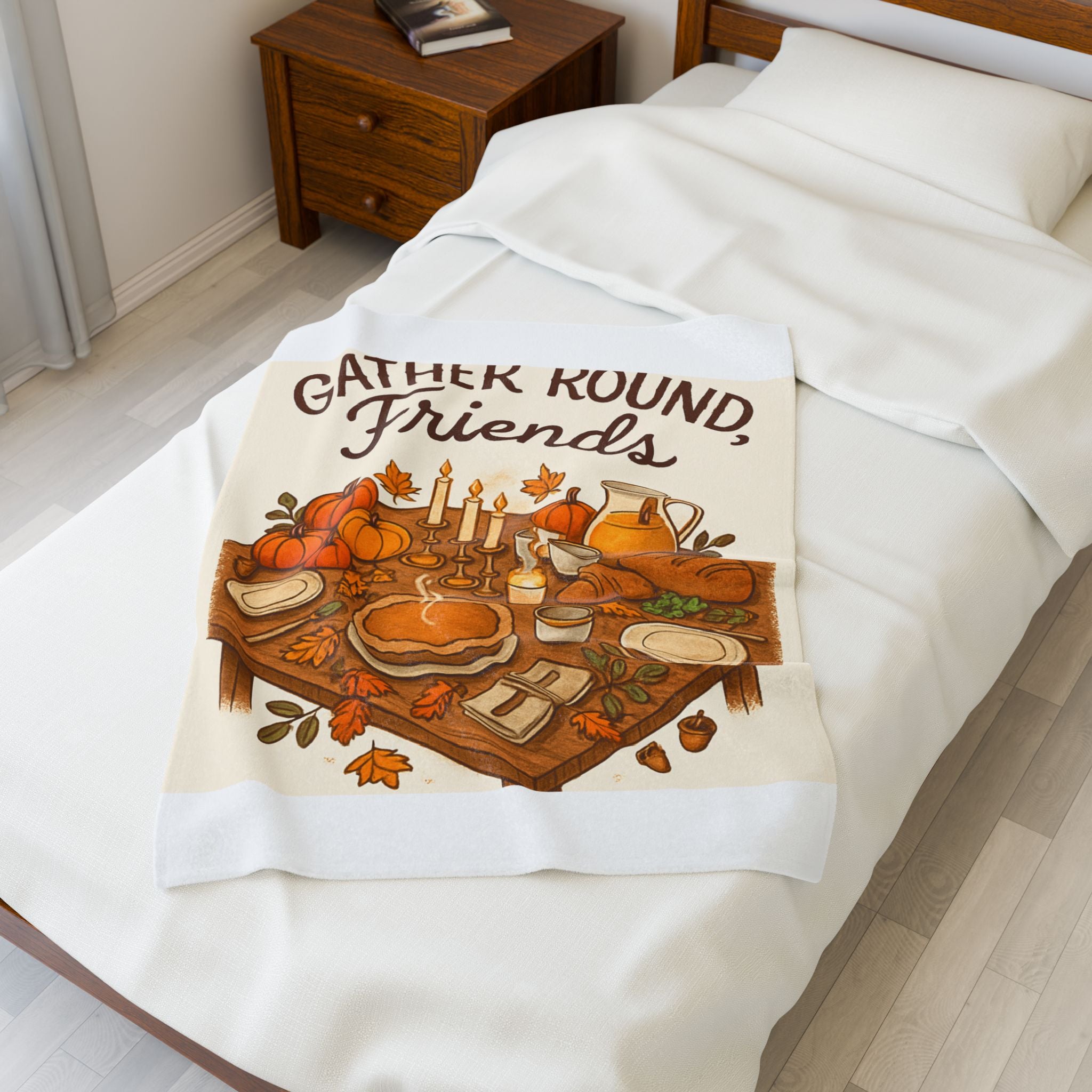 Gather Round Friends Velveteen Plush Blanket — Thanksgiving Fall Harvest Throw