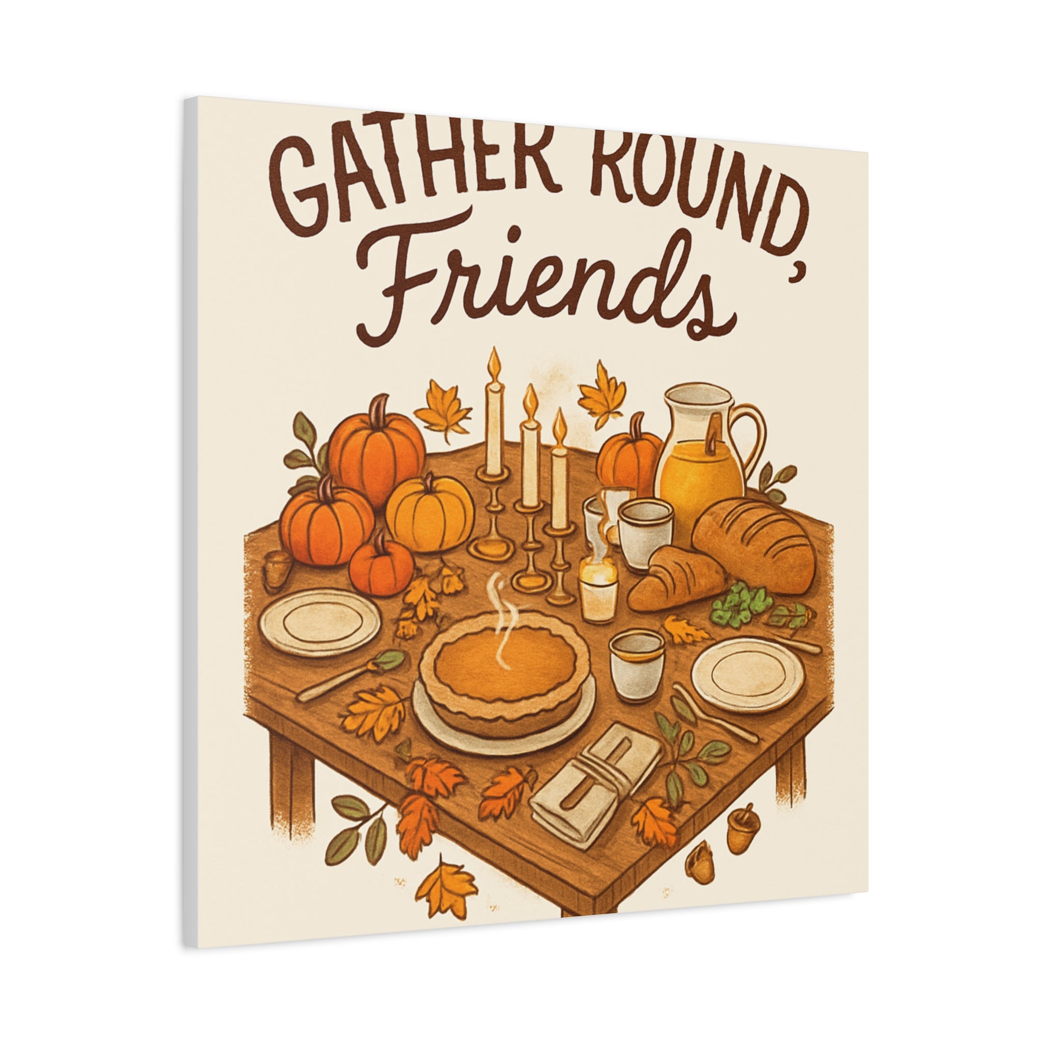 Thankful Gathering Canvas Wall Art — Friends, Family Thanksgiving Table Illustration