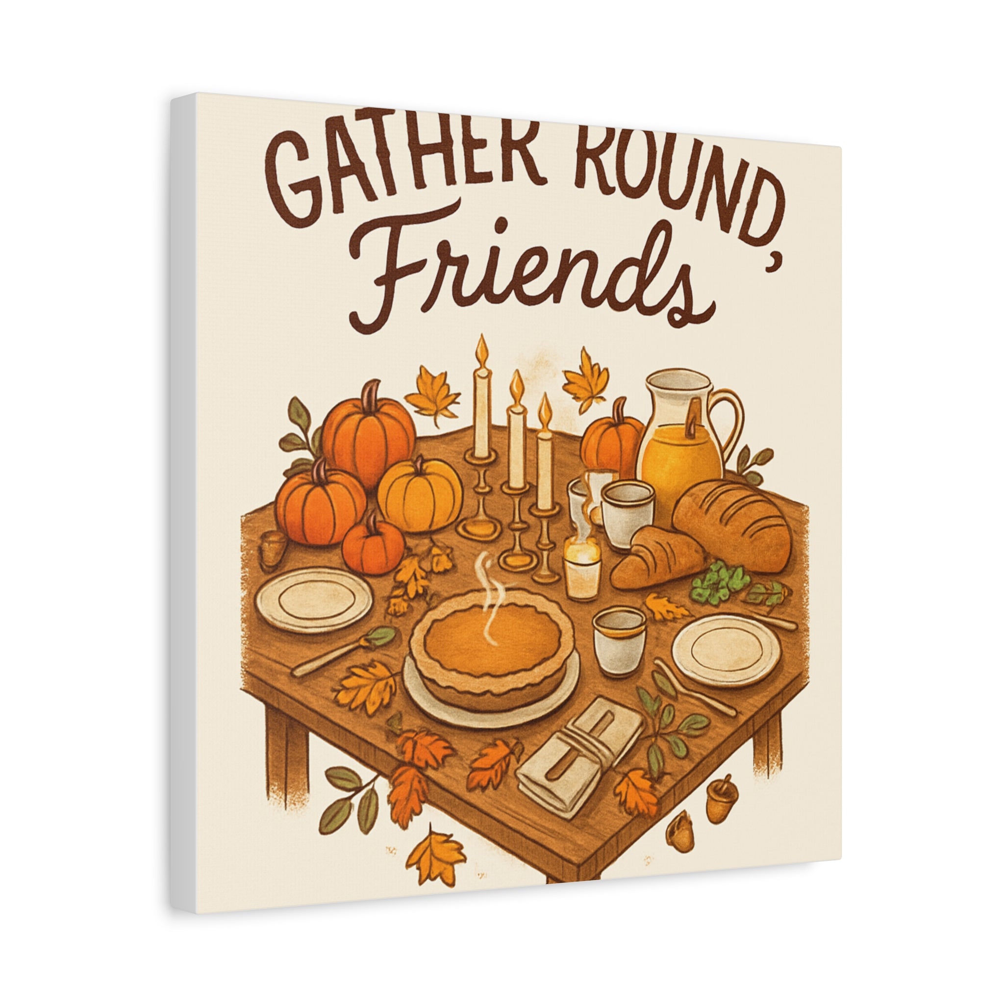 Thankful Gathering Canvas Wall Art — Friends, Family Thanksgiving Table Illustration