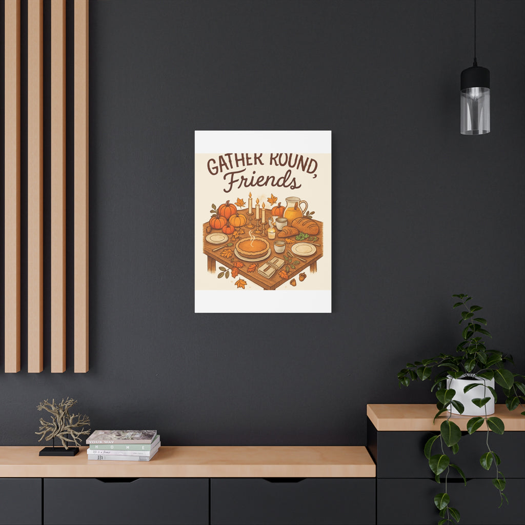 Thankful Gathering Canvas Wall Art — Friends, Family Thanksgiving Table Illustration
