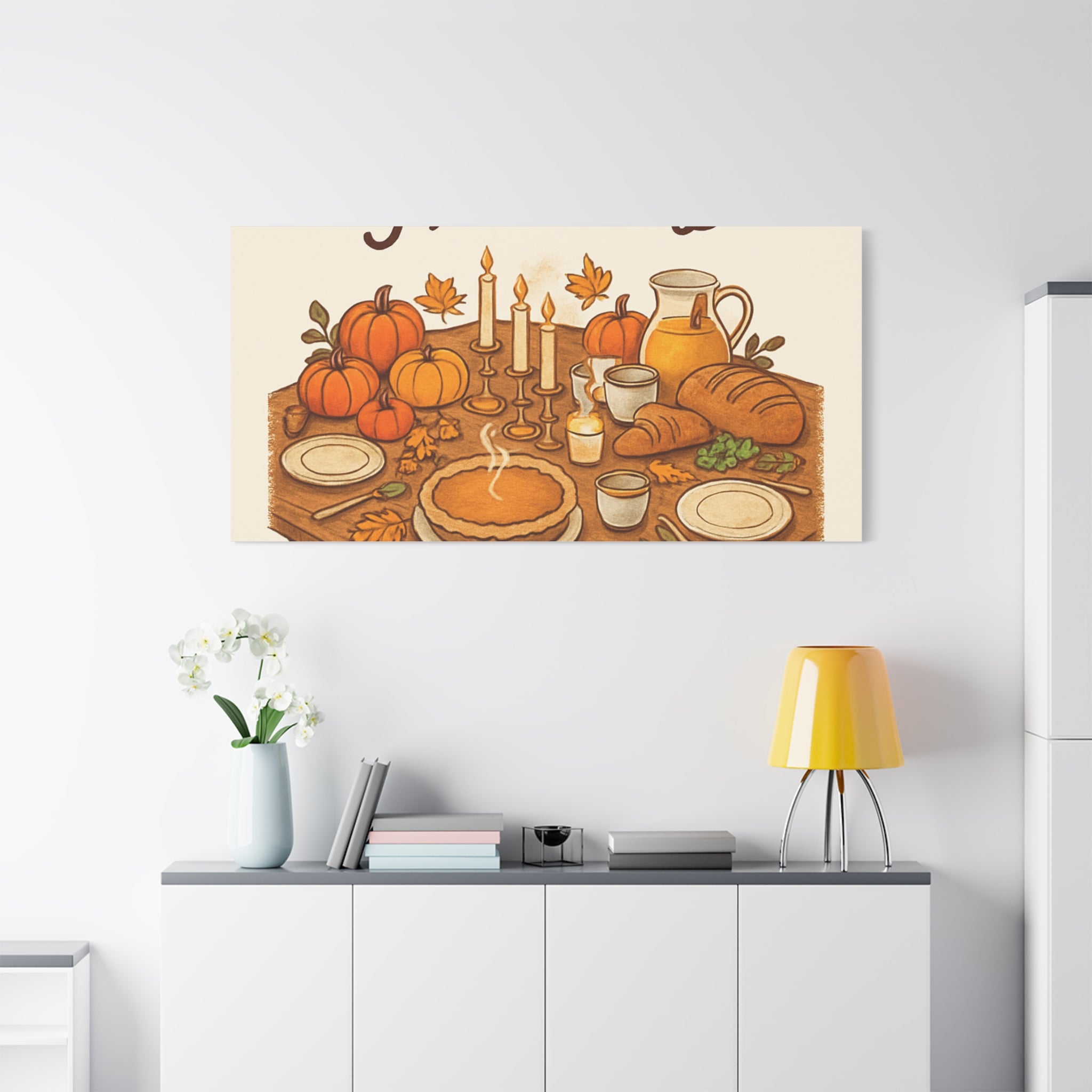 Thankful Gathering Canvas Wall Art — Friends, Family Thanksgiving Table Illustration