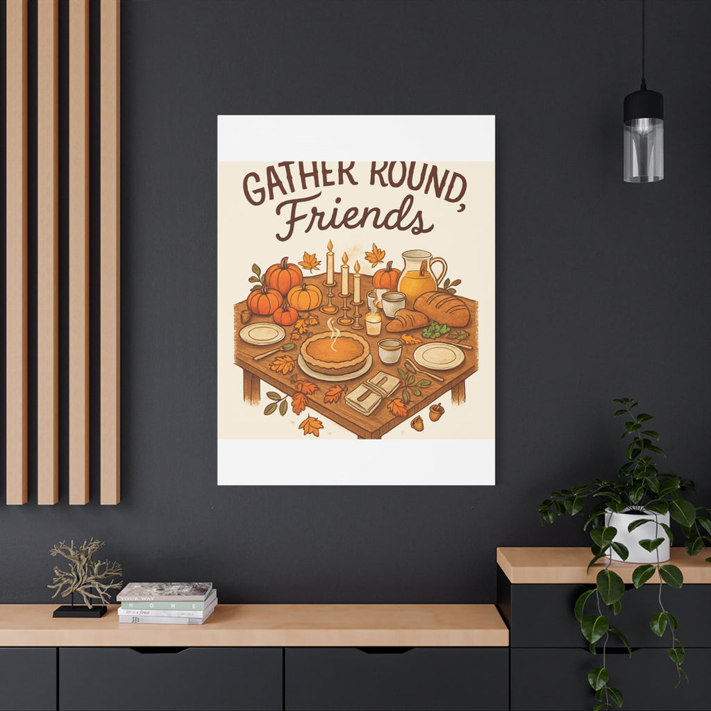 Thankful Gathering Canvas Wall Art — Friends, Family Thanksgiving Table Illustration
