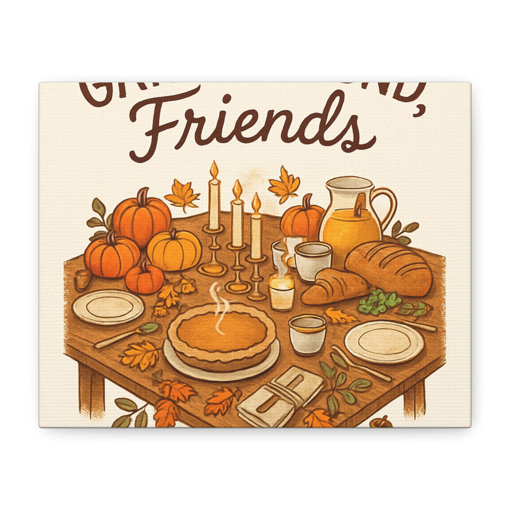 Thankful Gathering Canvas Wall Art — Friends, Family Thanksgiving Table Illustration